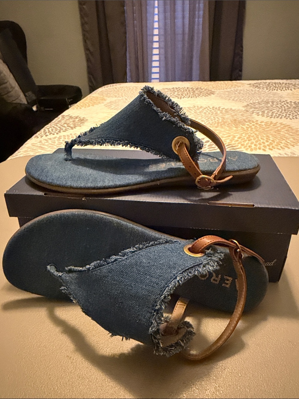 AEROSOLES Denim Fringe Thong Sandals with Brown Strap